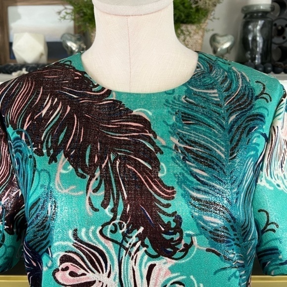 Kate Spade Regal Plumes Feather Print Shift Teal with Platinum Sheen Mini Dress - Picture 3 of 17